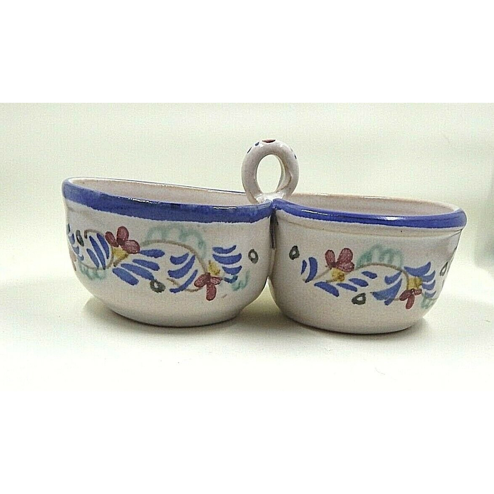 Berkshire Pottery Jam Jelly Relish Server Double Bowl Floral Blue Trim Marked